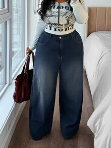 Jeanoix Y2K Plus Size Outdoor Fashion Street Style Flame Pattern Cross Embroidery Blue Denim Wide Leg Pants - Dark Wash - View 2
