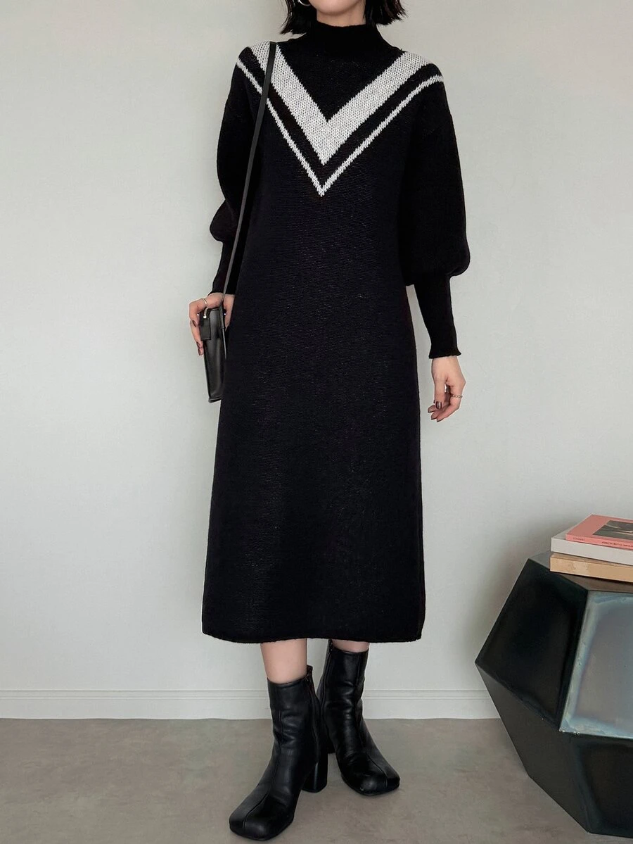 FRIFUL Women's Colorblock Casual Everyday Knit Dress Fall Work Black And White Striped - Black - View 1