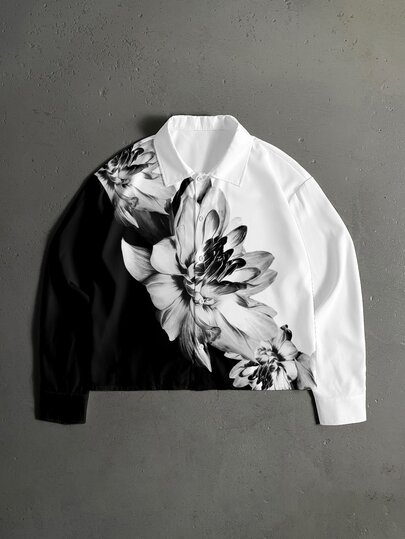 StoneGrade Chinese Ink Wash Lotus Floral Fashion Print Men's Standard Size Cropped Loose Fit Long Sleeve Shirt