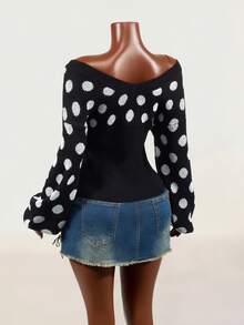 Mistrie Women's Black And White Polka Dot V-Neck Casual Elegant Daily Long Sleeve Sweater Night Out Date Night Fall - Black and White - View 3
