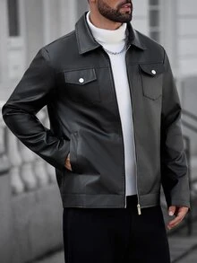 Manfinity CasualCool Men's Solid Color Zipper Casual Versatile Daily Travel Long Sleeve Jacket - Black - View 1