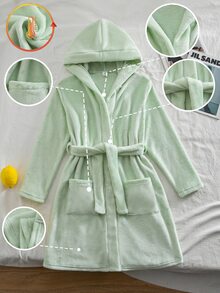 Jubah Berkerudung Kasual Serbaguna dengan Ikat Pinggang Warna Polos untuk Anak Perempuan Remaja - Hijau - View 1