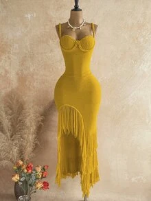 Soleia Women's Plus Size Yellow Spaghetti Strap Tassel Maxi Dress - Yellow - View 3