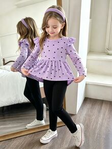 Elladie kids 2件組女孩愛心印花荷葉邊長袖T恤與內搭褲，春秋款 - 紫色 - 查看 1