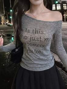 Dazy Tall Women's Asymmetric Shoulder Letter Decor Fitted Base Layer T-Shirt - Grey - View 2