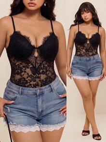 CovetEZ Autumn/Winter Halloween Lace Patchwork Sexy Plus Size Bodysuit - Black - View 1
