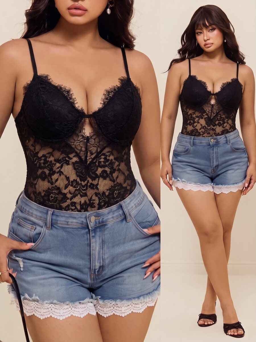 CovetEZ Autumn/Winter Halloween Lace Patchwork Sexy Plus Size Bodysuit - Black - View 1