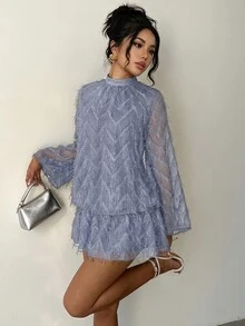 Flora Isola Flora Isola 女款秋冬約會之夜派對聚會舞會提花立領喇叭袖泡泡裙洋裝，黑色優雅 - 藍色 - 查看 1