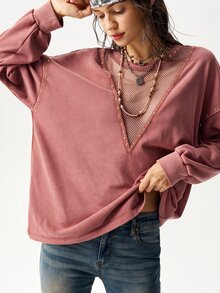 Bohemela 休閒純色針織圓領長袖寬鬆水洗女款衛衣 - 橘色 - 查看 9