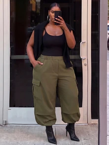 Slaydiva Plus Size Convertible Cargo Parachute Pants, Detachable Leg MultiPocket Baggy Streetwear Trousers - Army Green - View 3