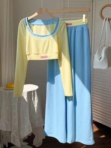 Comfortcana 女款 2 件組 仿分層長袖上衣與長褲休閒日常套裝 - 彩色 - 查看 6