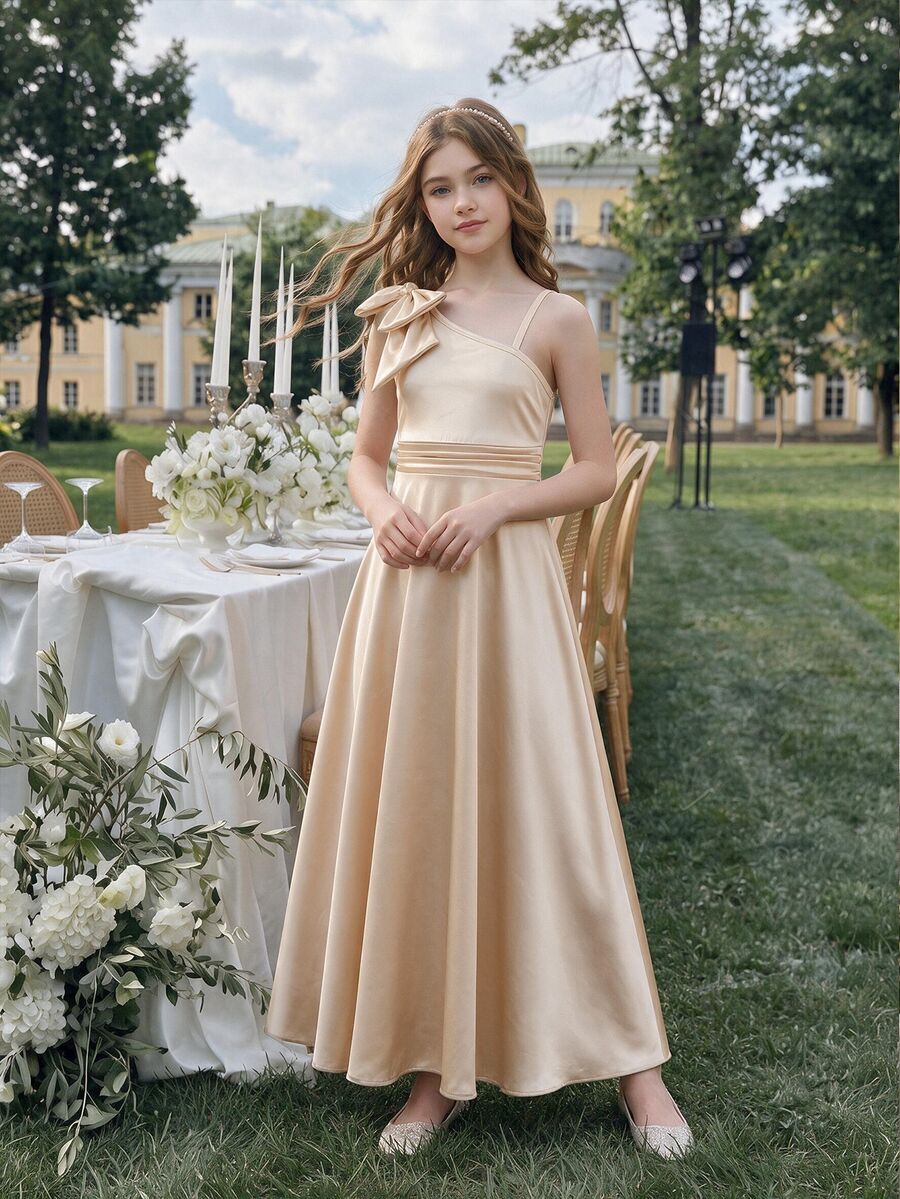 SHEIN 女童簡約時尚花童正式場合婚禮優雅晚禮服 畢業舞會晚餐派對雞尾酒會郵輪度假 香檳金 - 香檳色 - 查看 1