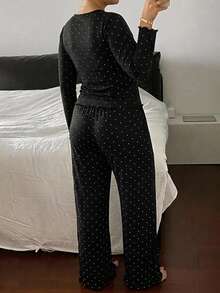 Dazy Plus Plus Size Women Polka Dot Lace Patchwork Top And Pants Casual Daily Home Sleepwear Set - Black - View 5