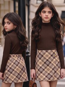 SHEIN Sparklyn 2件組女童長袖T恤與格紋裙套裝，適合外出、街頭風、返校、校園穿搭，秋季款 - 彩色 - 查看 3