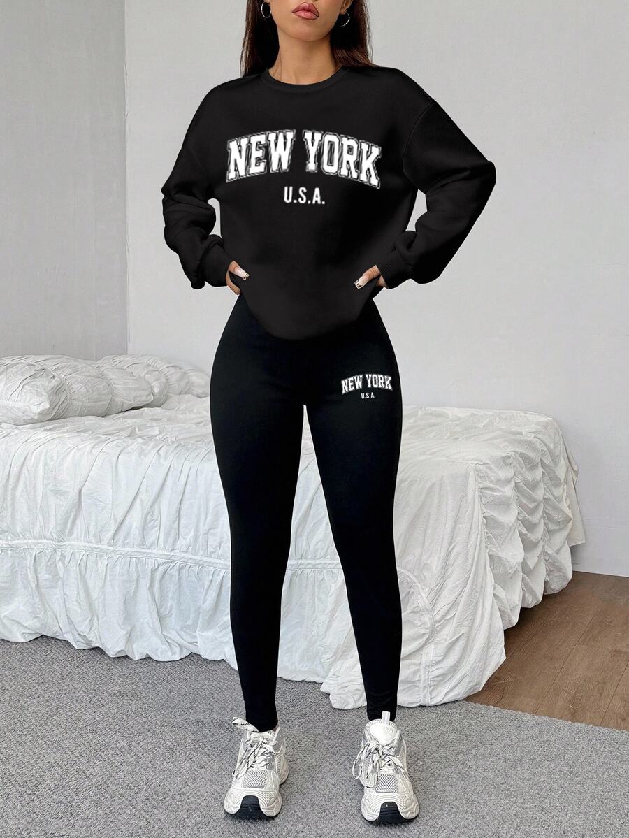 SHEIN EZwear 2件組紐約印花寬鬆圓領運動衫與緊身長褲,秋冬款 - 黑色 - 查看 1