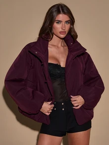 SHEIN BAE معطف شتوي كاجوال للنساء بلون موحد وياقة عالية مبطن دافئ - عنابي اللون - مشاهدة 7