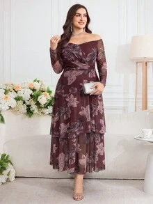Modelyn Plus Size Women's Spring Summer Autumn Elegant Elegant Party Banquet Floral Print Off-Shoulder Cinched Waist Lightweight Dress - Multicolor - View 6