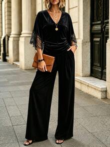 INAWLY Women's Vintage French Lazy Chic Contrast Lace Batwing Sleeve Top - Black - View 3