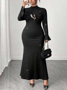 Elenzga Plus Size Knit Fabric Semi-High Neck Metal Decor Ruched Flare Long Sleeve Fitted Mermaid Midi Dress, Autumn/Winter Fashion Vintage Elegant Date Party - Black - View 3