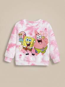 SpongeBob SquarePants | SHEIN Young Girl Tie-Dye Cartoon Print Crew Neck Long Sleeve Casual Sweatshirt - White - View 5