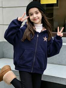 SHEIN Tween Girls Zip Up Hoodie Leopard Fleece Lined Print Jacket Sweatshirt - Blue - View 4