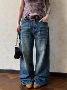 Dazy Plus Low Waist Straight Leg Distressed Washed Vintage Cat Whisker Faded Denim Fabric Loose Street Style Wide Leg Floor Length Jeans - Dark Wash - View 4