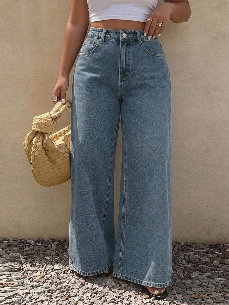 Dazy Plus Solid Color Washed Loose Wide Leg Pants, Elegant Versatile Slimming Long Denim Jeans, All Season - Medium Wash - View 1