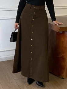 Dazy Plus Single-Breasted Decorative Long A-Line Denim Skirt, Casual Urban Style - Brown - View 1