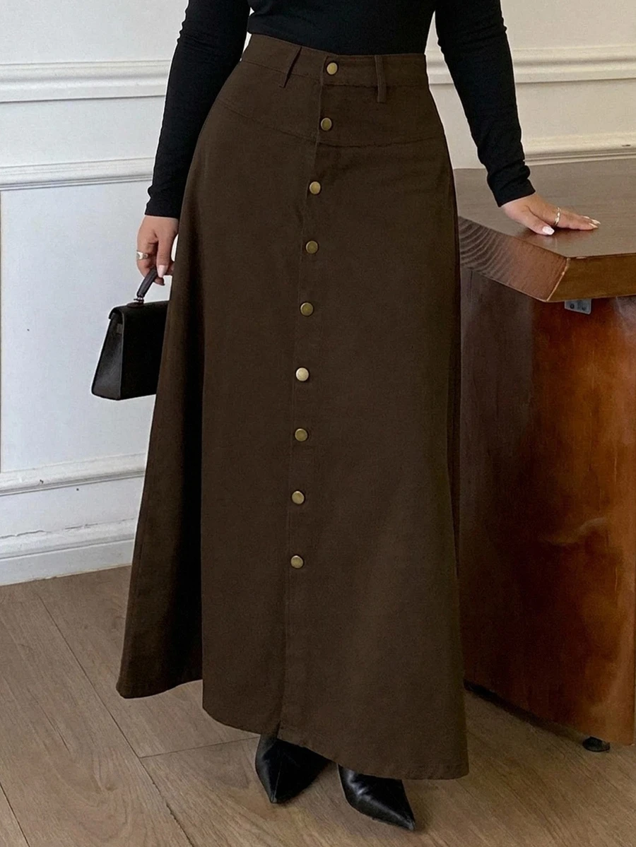 Dazy Plus Single-Breasted Decorative Long A-Line Denim Skirt, Casual Urban Style - Brown - View 1