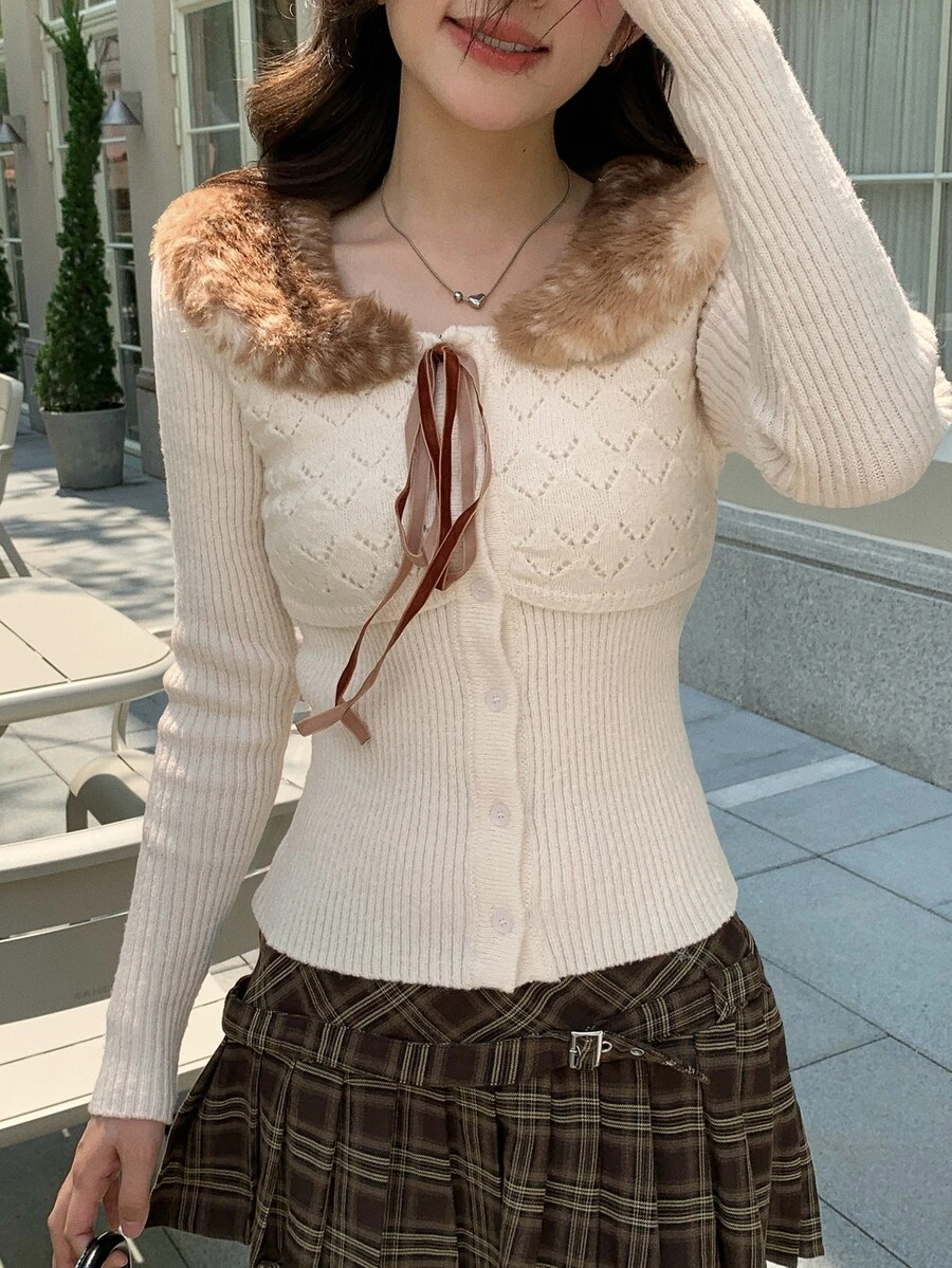 DAZY 女款毛領拼接前綁帶單排扣優雅針織開襟衫 冬季 - 白色 - 查看 1