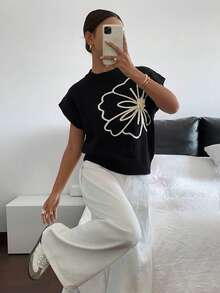 Siren Gaze 女款針織短袖圓領極簡時尚上衣，針織毛衣花卉款，適合夏季度假、休閒、聖誕節假期與度假村穿著 - 黑色 - 查看 3