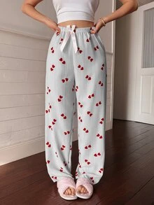 Napfluff Women's Striped Heart Print Bow Decor Waist Pajama Pants - Grey - View 4