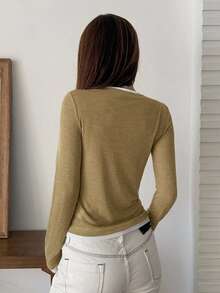 DAZY Women's Patchwork Colorblock 2 In 1 Crew Neck Long Sleeve Casual Streetwear Vacation Spring Autumn Base Layer T-Shirt - Brown - View 2