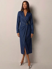 CielaLinda Women's Pleated Casual Daily Summer Denim Dress - Medium Wash - View 3