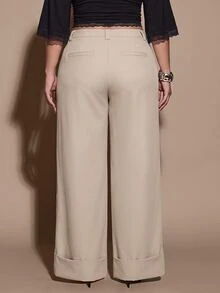 SHEIN BAE CURVE Plus Size Women's Apricot Wide Leg Loose Casual Long Pants - Apricot - View 3