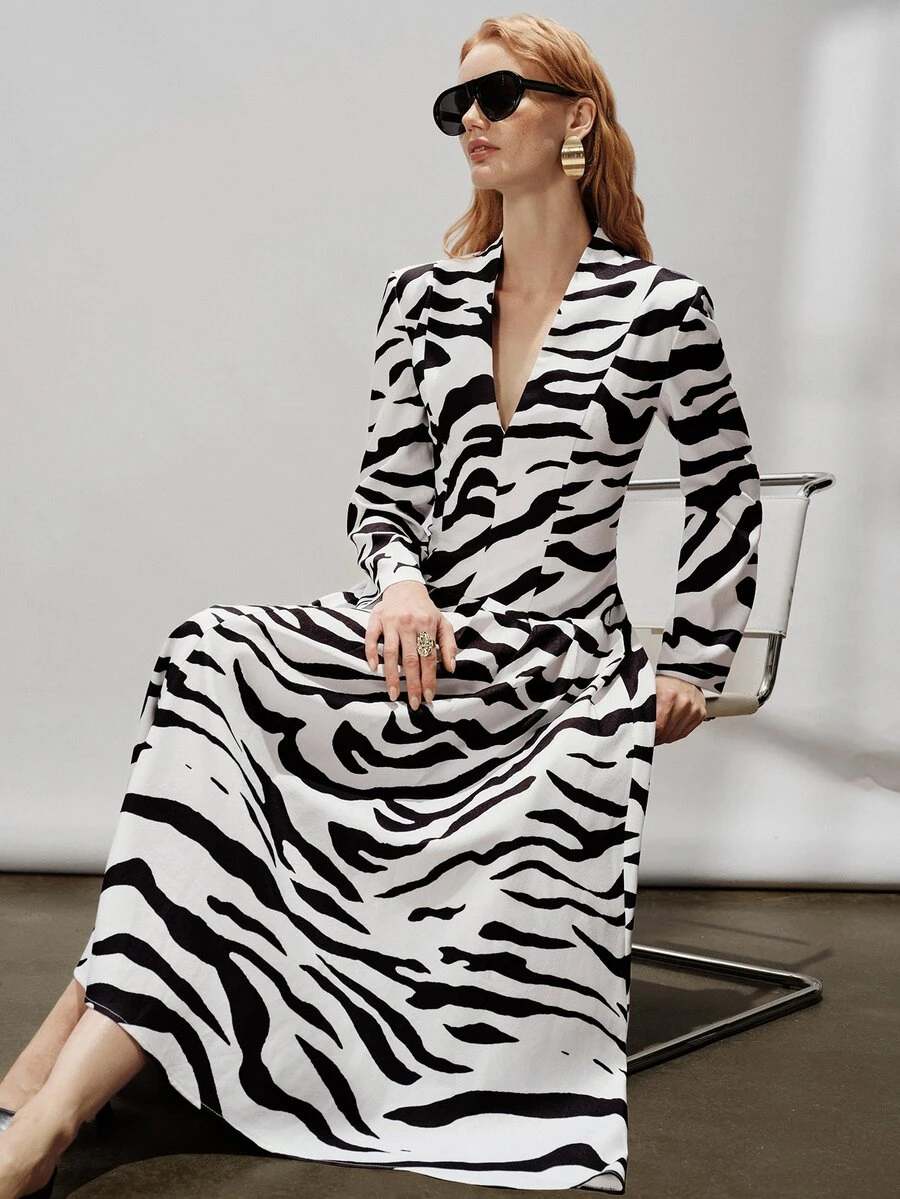 Aveloria Modichic Women's Dress Wide Shoulder Cinched Waist A-Line Deep V-Neck Long Sleeve Ruched Elegant White And Black Zebra Print Long Party Brunch Dinner Day Fall - Multicolor - View 1