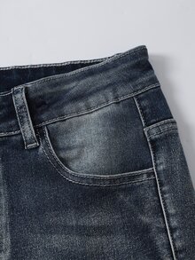SHEIN 新款 Y2K 美式復古做舊藍色喇叭牛仔褲女款，重磅水洗藍灰色修身彈力喇叭長褲，美式風格拖地長褲，四季穿搭，百搭 - 淺灰色 - 查看 6