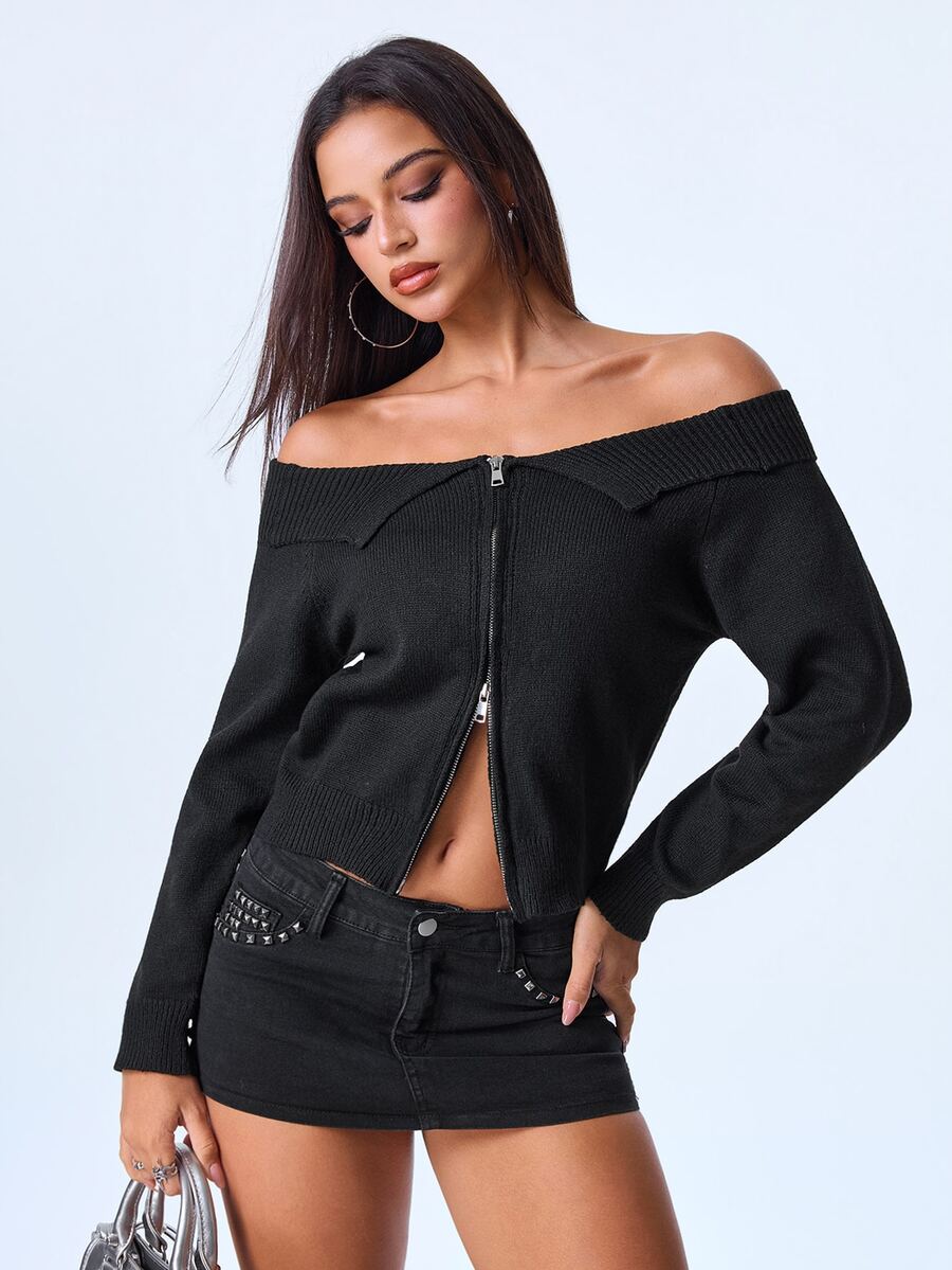 Y2Kool Women's Black Short Cold Shoulder Zipper Lapel Sweater, Slim Fit Comfortable Cardigan, Suitable For Commuting, Dating, Shopping And Vacation Outfits - Black - View 1