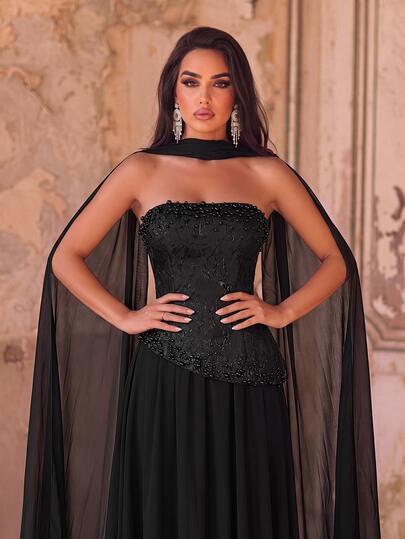 Glamrae Gaun Hitam Elegan Mewah dengan Motif Jacquard 3D Satin & Chiffon Tanpa Lengan, Hiasan Manik-Manik Mewah, Desain 2 in 1, Drape Tanpa Lengan yang Dapat Dilepas, Rok A-Line Panjang Hingga Lantai dengan Tali Belakang yang Dapat Diatur, Cocok untuk Kencan, Liburan, Pesta Lajang, Pernikahan, Wisuda, dan Semua Acara Formal, Gaun Malam Wanita