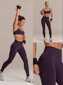 GLOWMODE 24" Second-Skin Seamless Go Anywhere Scrunch Bum Leggings With Ribbed Waist & Thigh Paneling Training Workout Gym Fitness Active Wear - Bold Plum - View 8