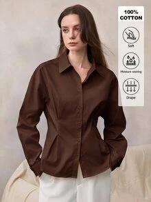 Zovinel 女款素色休閒百搭日常長袖襯衫 - 紫紅色 - 查看 7