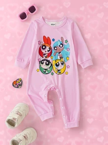 THE POWERPUFF GIRLS X SHEIN Baby Girl Cartoon Print Long Sleeve Jumpsuit - Pink - View 1