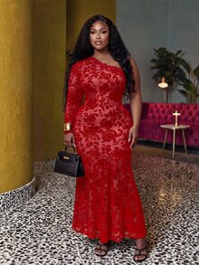 Slaydiva فستان مقاس كبير مثير وأنيق بكتف واحد من الدانتيل مع ذيل حورية البحر للخريف - الأحمر - مشاهدة 6