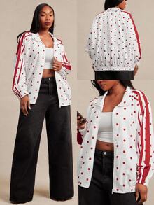 SHEIN SXY Plus Size Women's Polka Dot Casual Everyday Long Sleeve Jacket Fall - Red and White - View 2