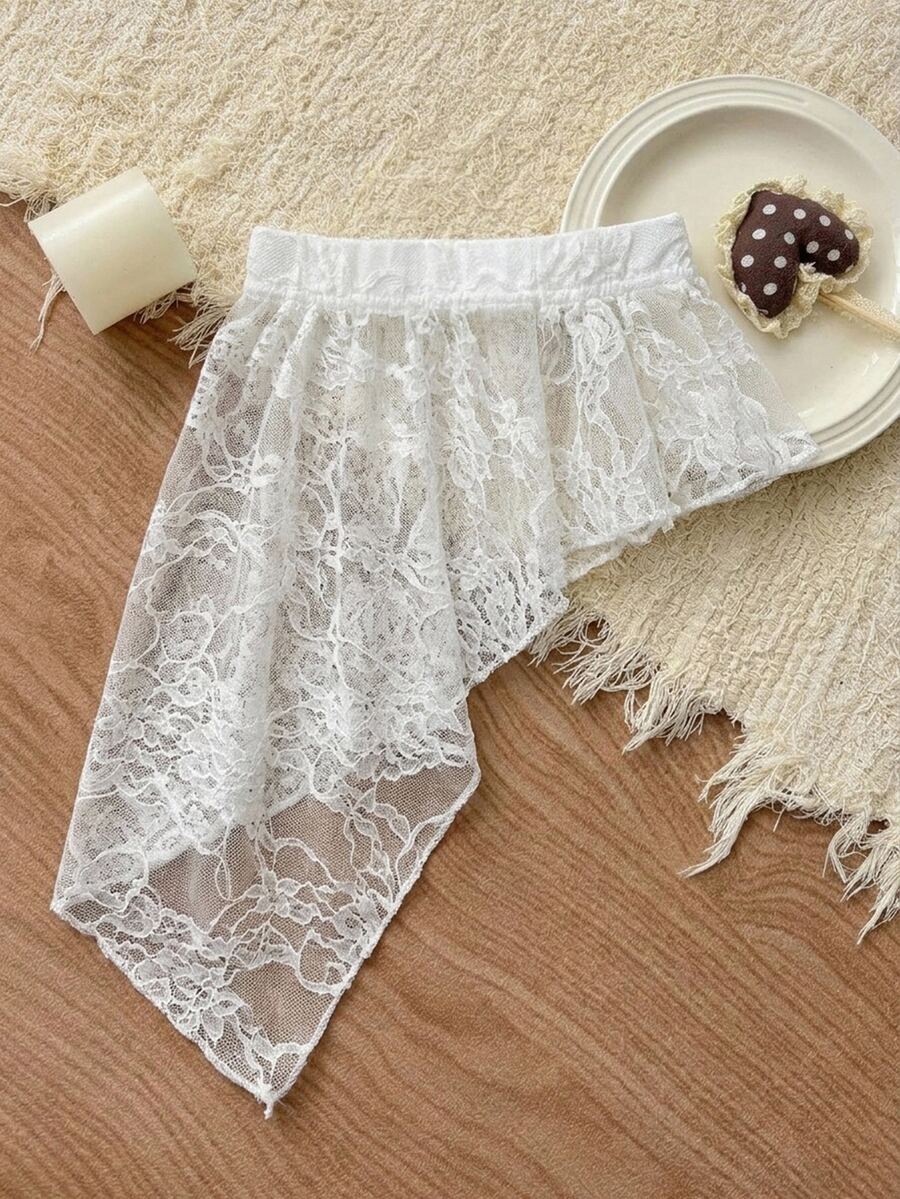 Dazy Kids Young Girl) Lace Design Asymmetrical Skirt With Ruffle Hem, Autumn Skirt - White - View 1