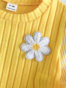 SHEIN 2pcs Toddler Girl Top Flare Jeans Sweet Yellow Blue Daisy Ribbed Ruffle Long Sleeve Round Neck Regular Holiday Spring Princess Birthday Raw - Yellow - View 8