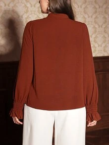 Auvina Plus Size Women's Solid Color Tie-Front Versatile Blouse With Ruffle Trim, Long Sleeve Cuffed, Fashionable Elegant Simple - Brown - View 2