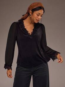 Freevana Velvet Wrap Deep V Lace Blouse With Ruffled Lace Cuffs And Sheer Sleeves, Romantic Evening Top - Black - View 7