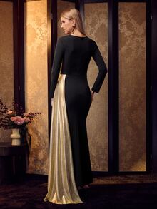 MOTF PREMIUM ELEGANT WOMEN'S 3/4 SLEEVE DEEP V NECK MERMAID HEM MAXI PARTY GOWN FOR FORMAL EVENING ,GALA PROM - Black - View 3