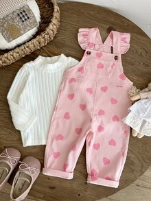 Vintaside Kids 2件組幼兒女嬰上衣吊帶褲套裝，可愛甜美粉色白色荷葉邊愛心印花長袖假領休閒款，秋季公主風柔軟衣著 - 淺粉色 - 查看 6